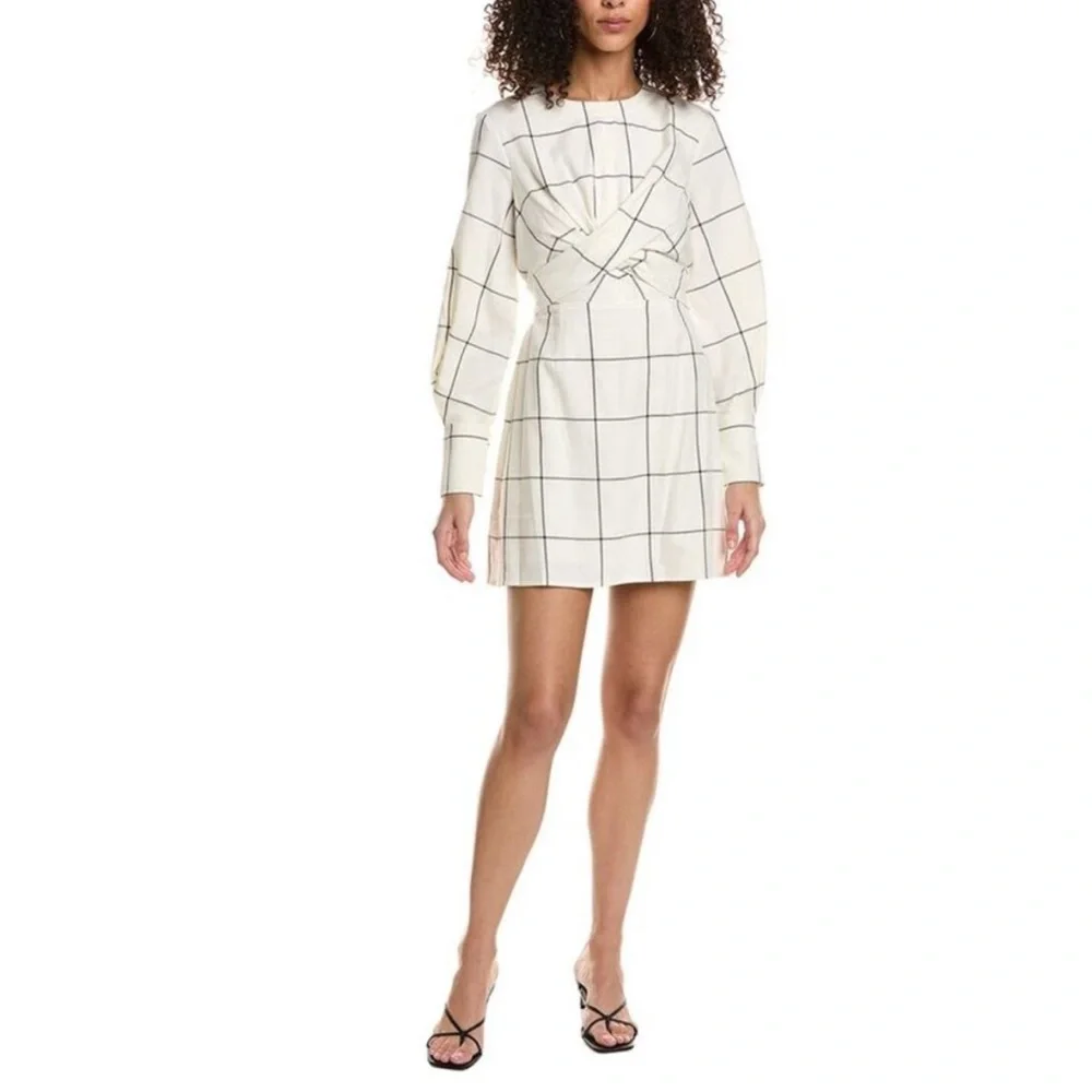 Staud MINI CROSSHILL DRESS IVORY Long sleeve WINDOWPANE XL 380$ - Picture 2 of 5